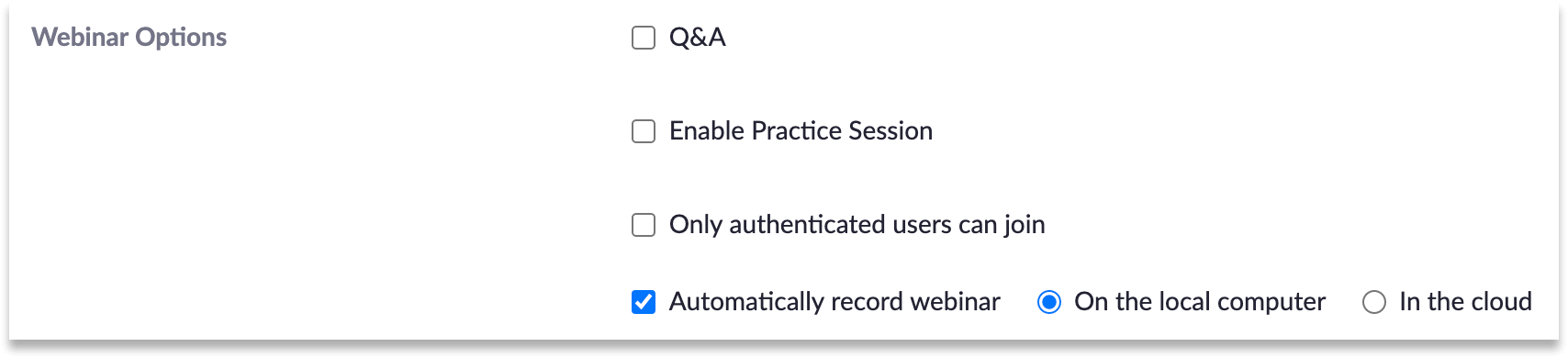 Enable automatically record webinar and select on the local computer