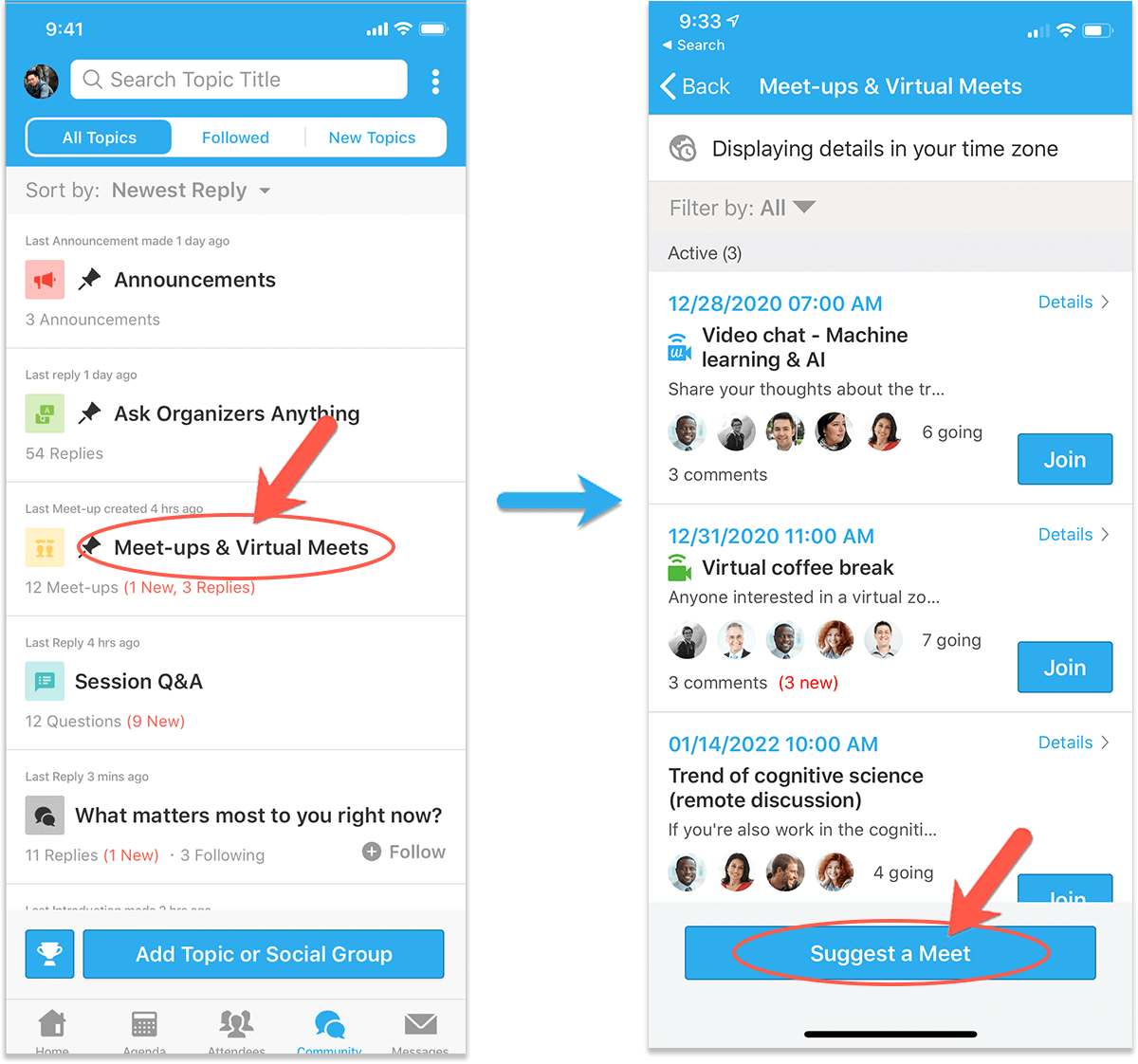 On mobile app, click the Community tab to see discussion topics
