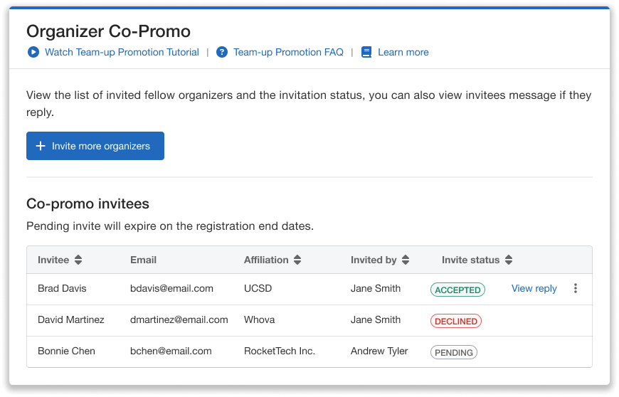 Organizer co promo invitee status list