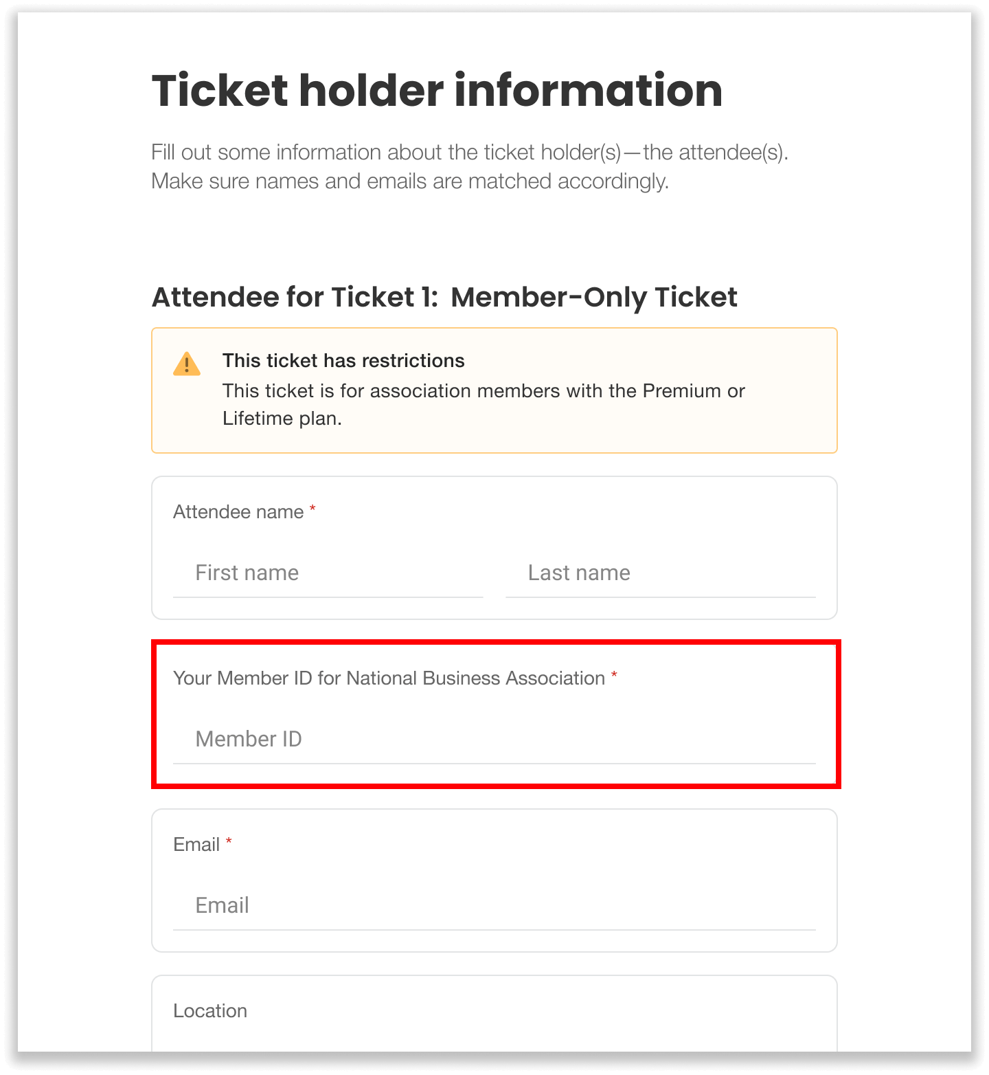 Registration paging prompting registrant to enter their Member ID for a member-only ticket.