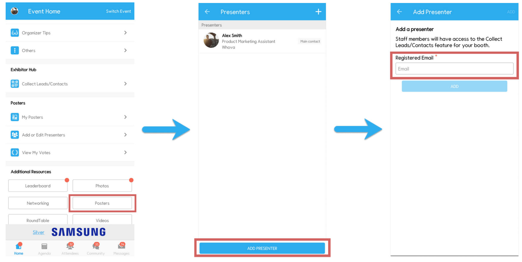 On mobile app, click your artifact profile and click Add or Edit Presenters to enter email of additional presenters