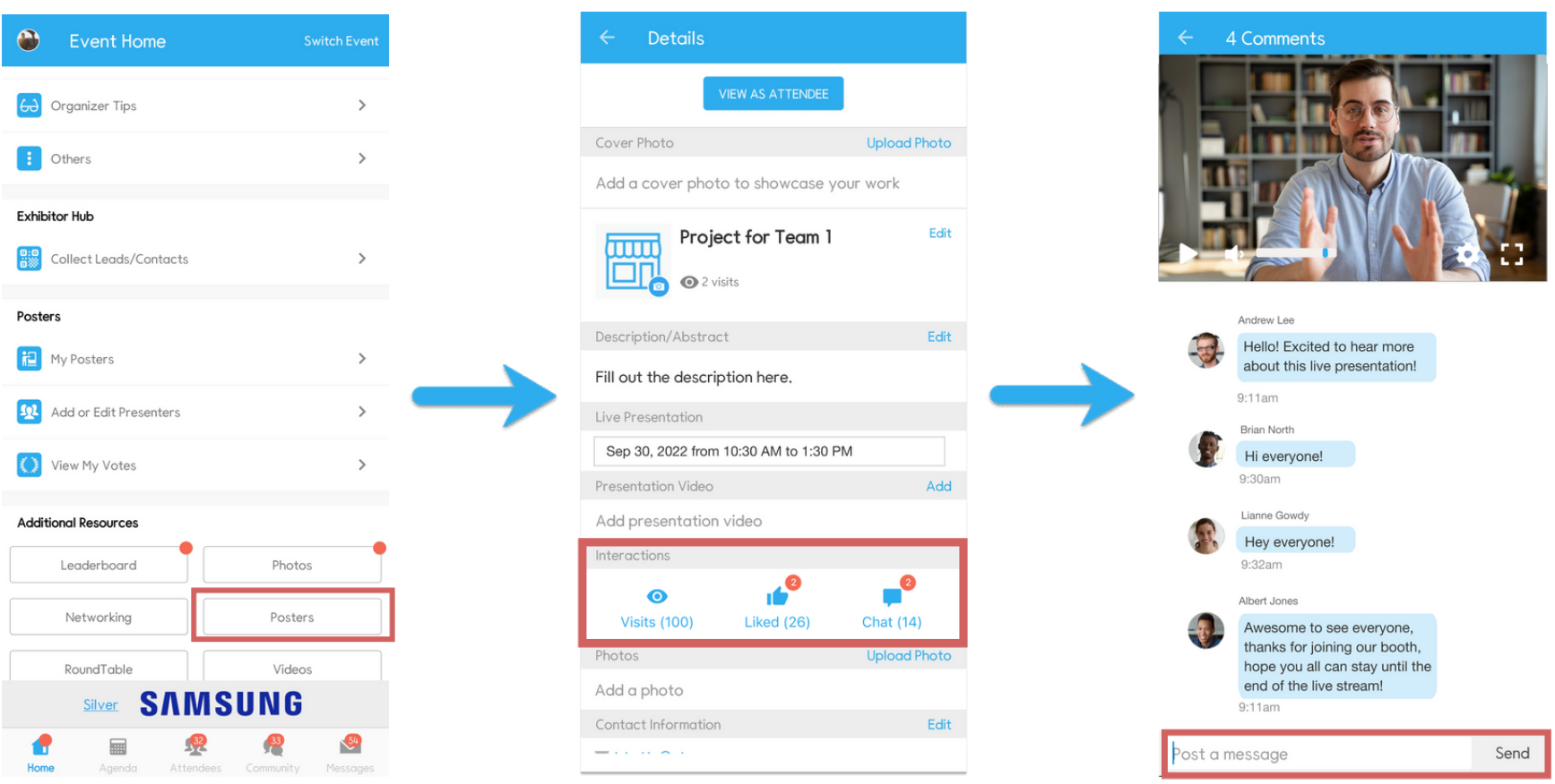 On mobile app, attendees can chat by clicking Chat inside the artifact profile
