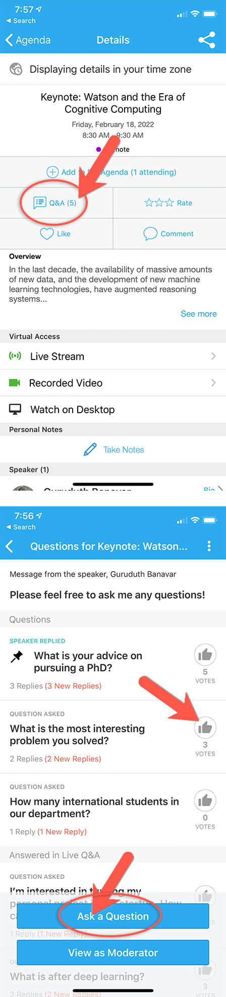 Click Q&A button inside session to like questions and ask questions