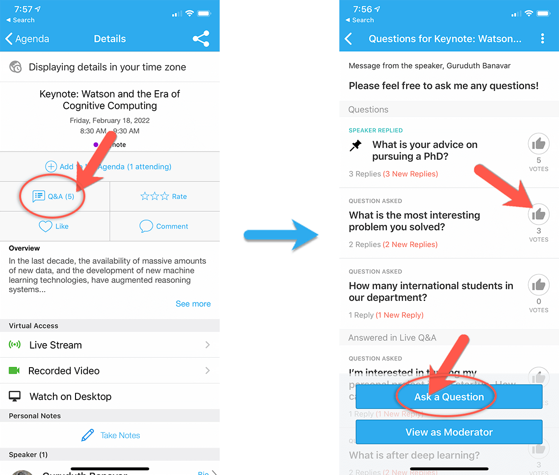 Click Q&A button inside session to like questions and ask questions