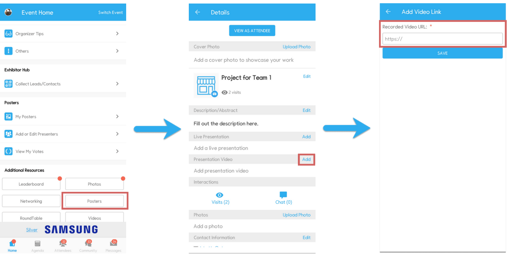 On mobile app, you can add video by clicking Add in Recorded video section inside the profile