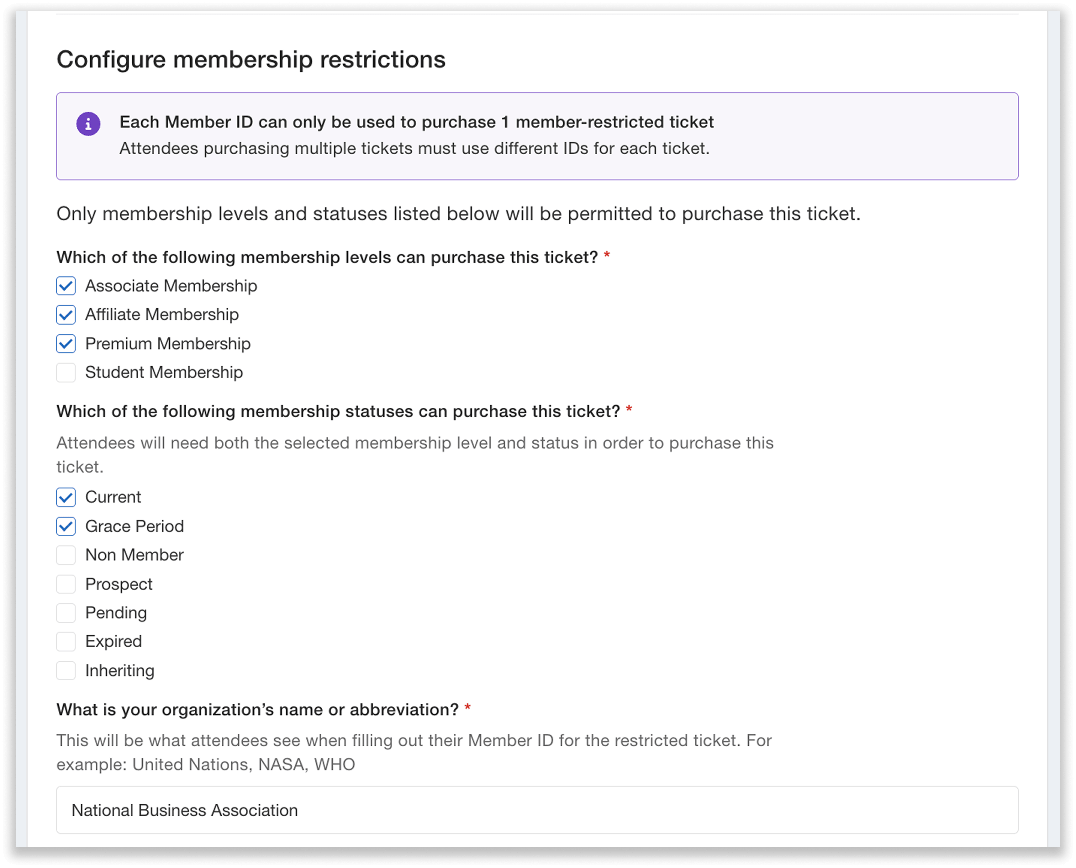Page to set which membership levels and statuses can purchase the ticket.