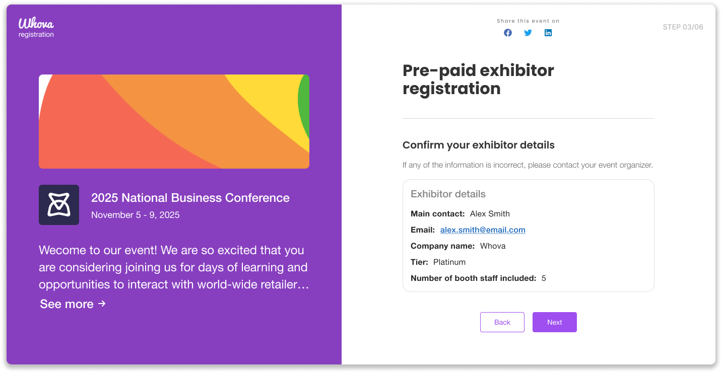 Pre-paid exhibitors registration page