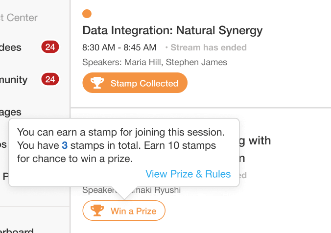 Whova session gamification promotes session attendance by qualifying attendees for a raffle