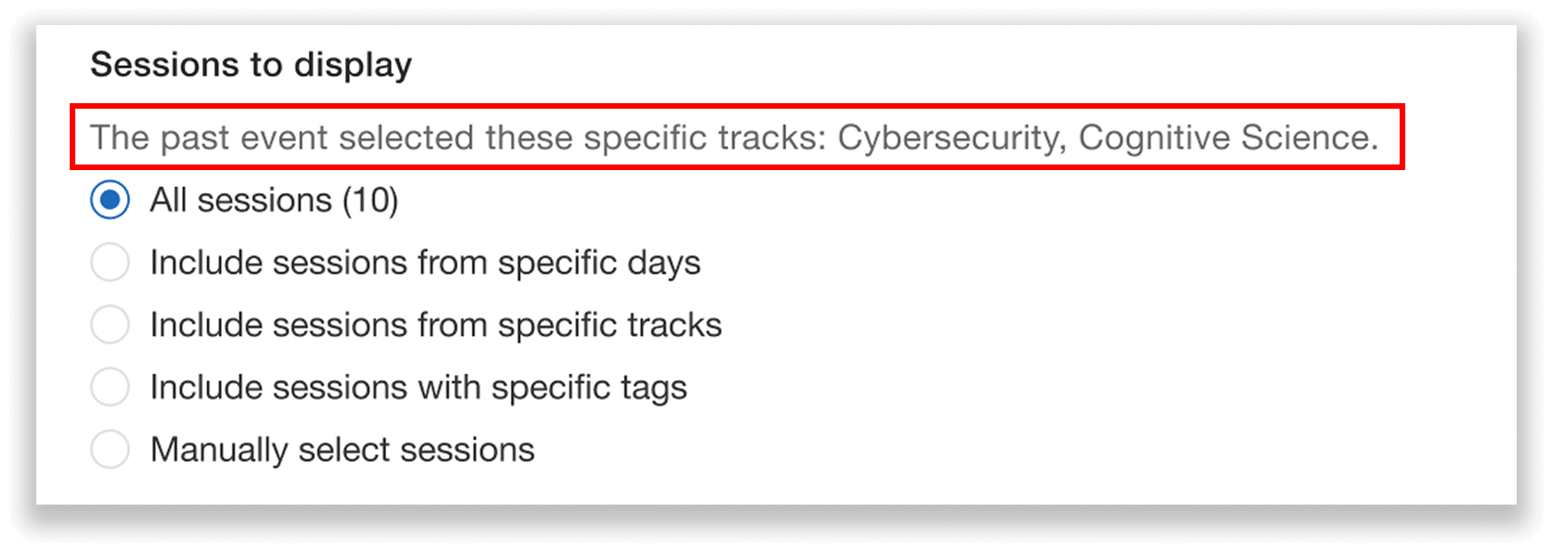 Options to choose which sessions to display on the agenda website, with the past event's selections noted.