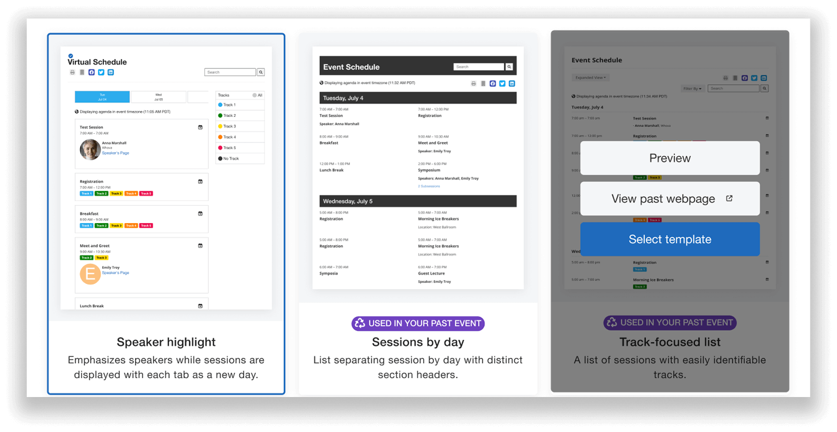 Past event webpage templates with ones used in a past event highlighted, with the option to preview them.