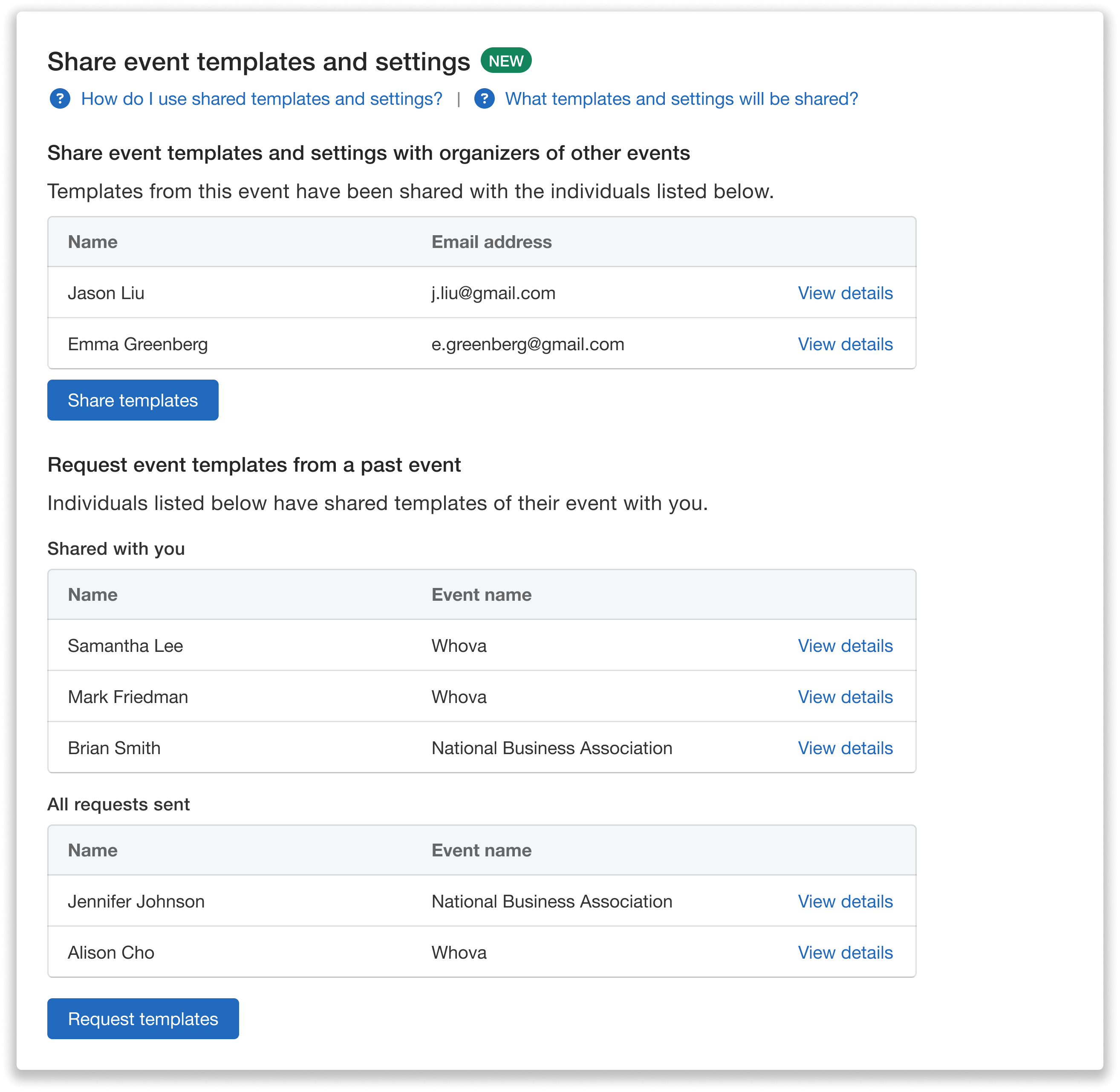 Tables of templates shared with others, shared with you, and requests sent.