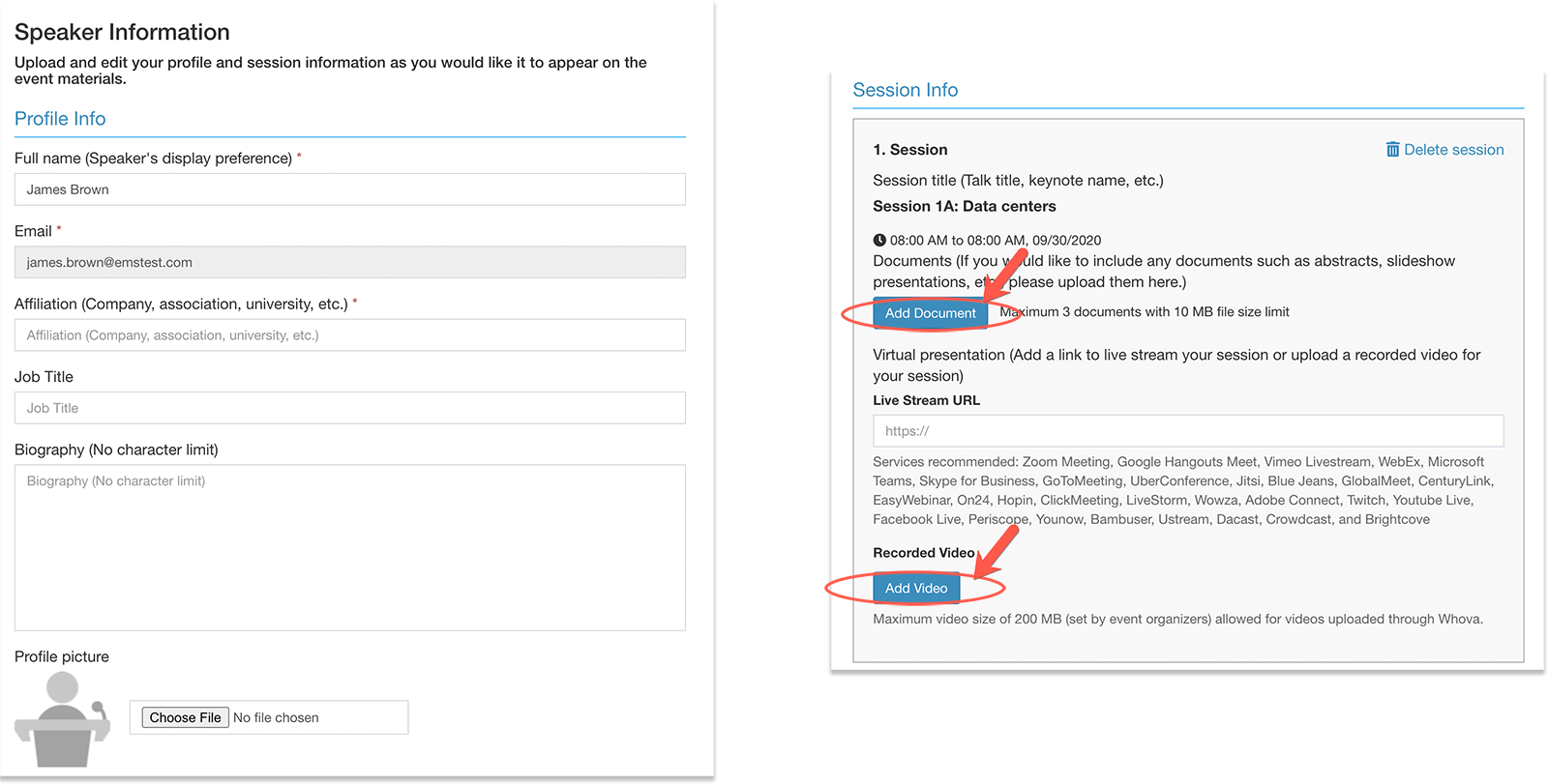 Add documents and videos to the speaker session using the speaker form