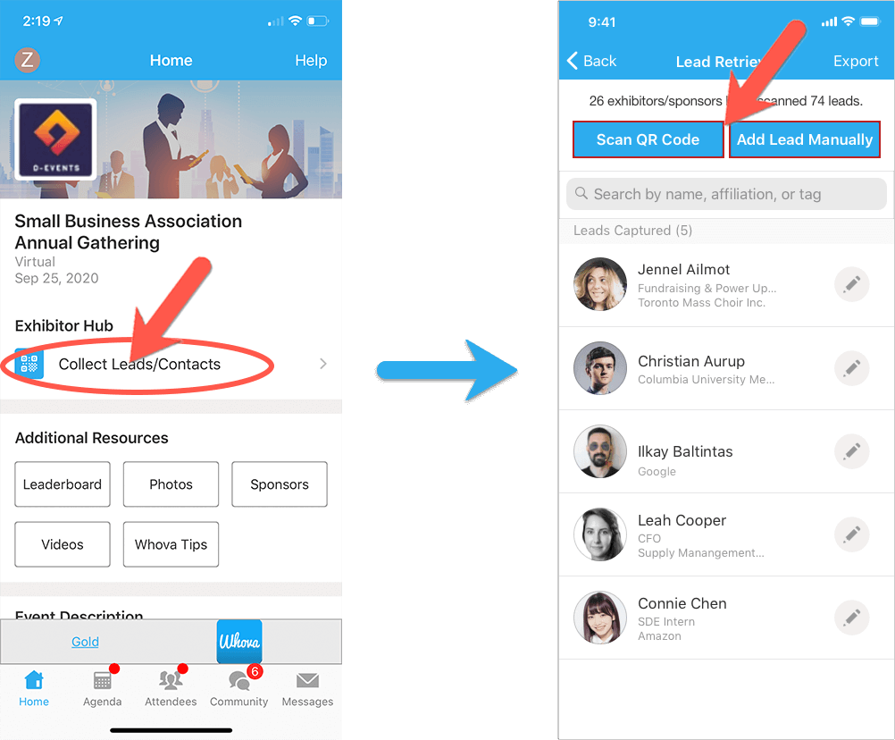 On mobile app, click Collect Leads Contacts in Home tab to see collected leads