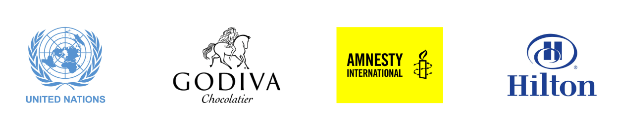 Logos of brands trusting Whova, including the UN, Godiva, Amnesty International, and Hilton.