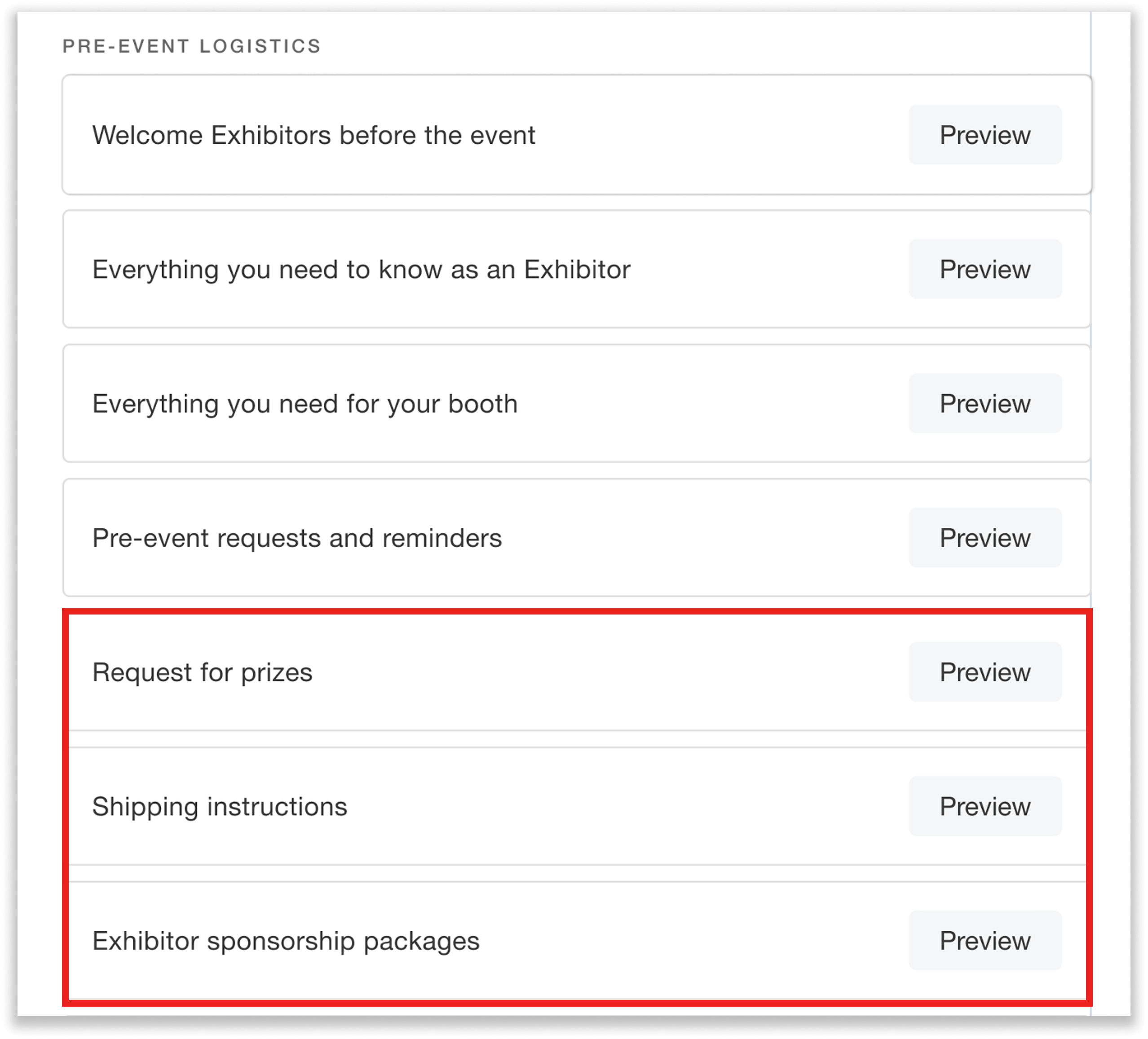 Exhibitor message template options such as request for prizes, shipping instructions, and exhibitor sponsorship packages.