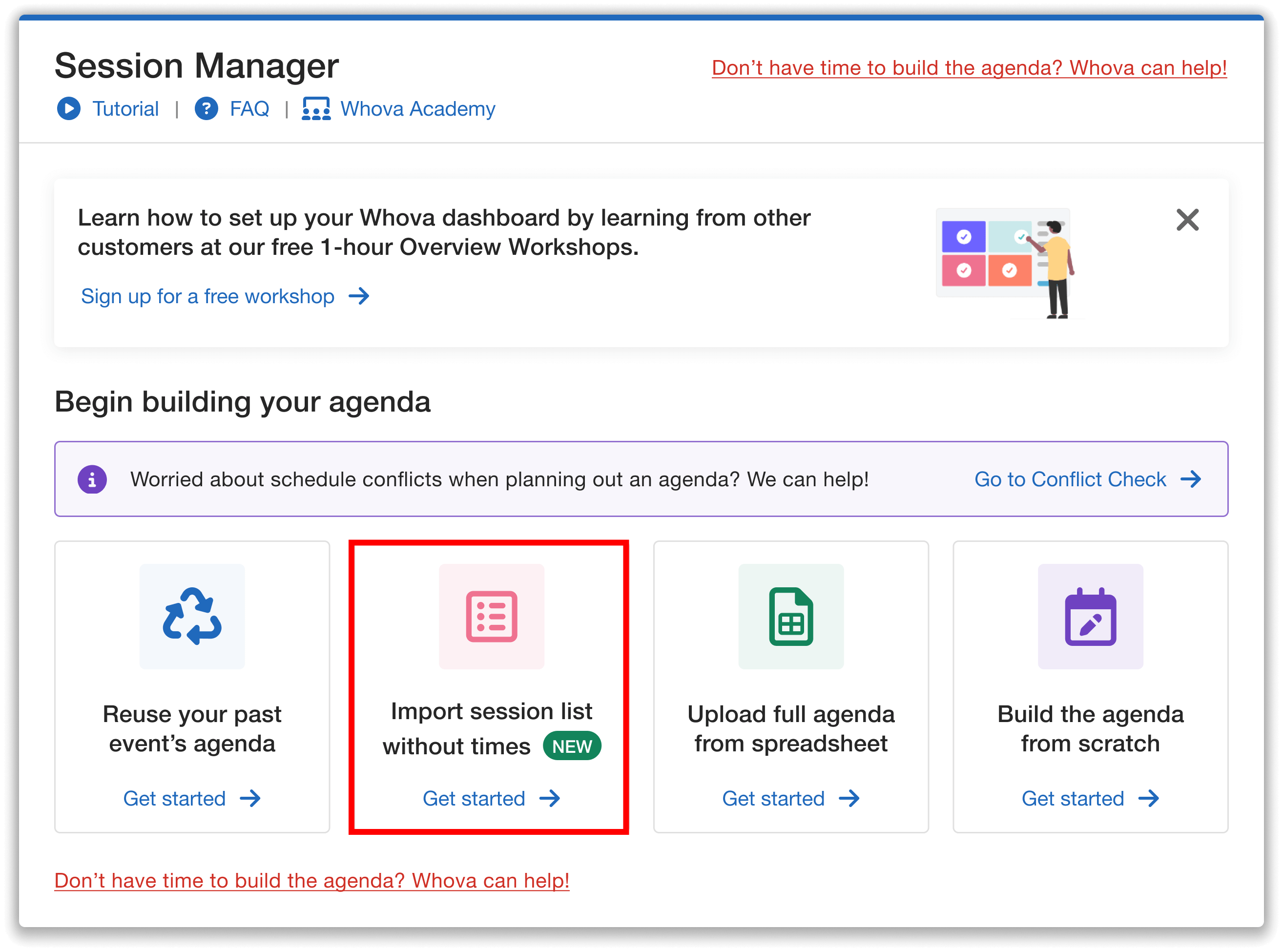 Session manager page highlighting the "import session list without times" option.