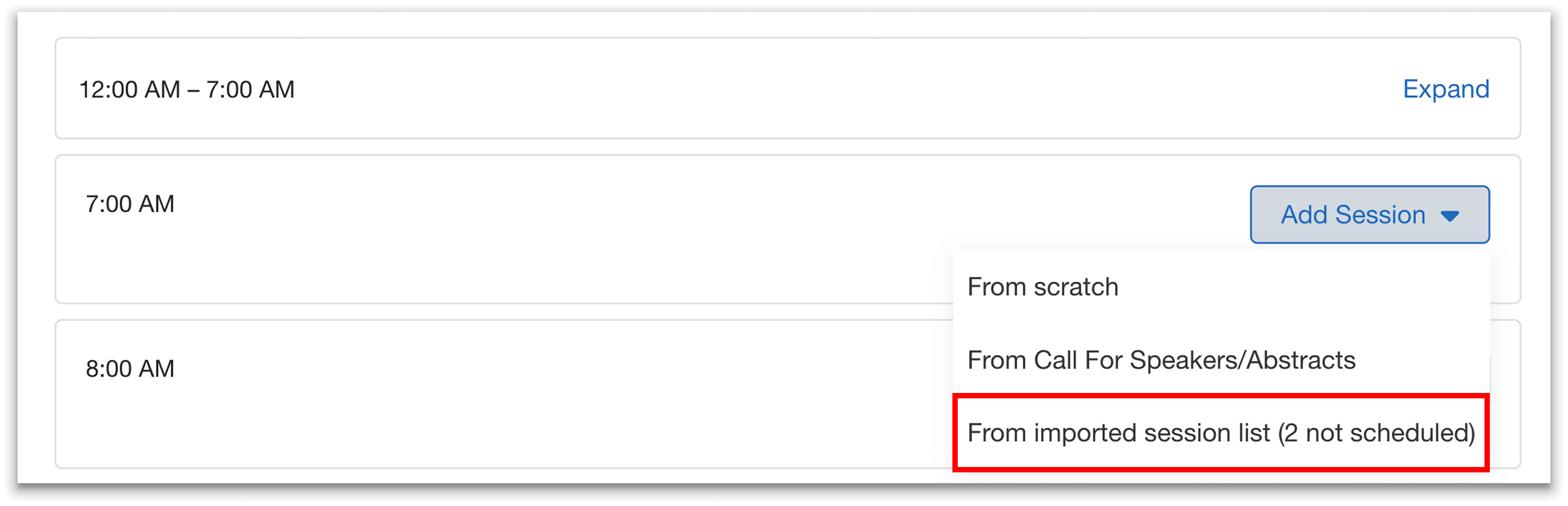 Option to schedule a session from imported session list.