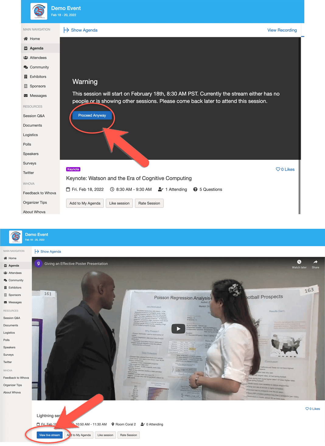 Proceed anyway and view livestream buttons are located inside the session page