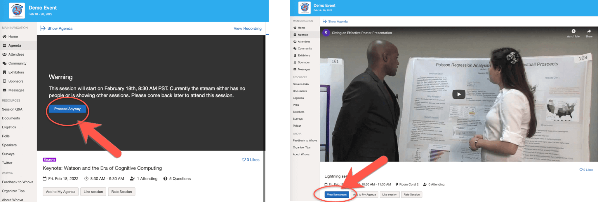 Proceed anyway and view livestream buttons are located inside the session page