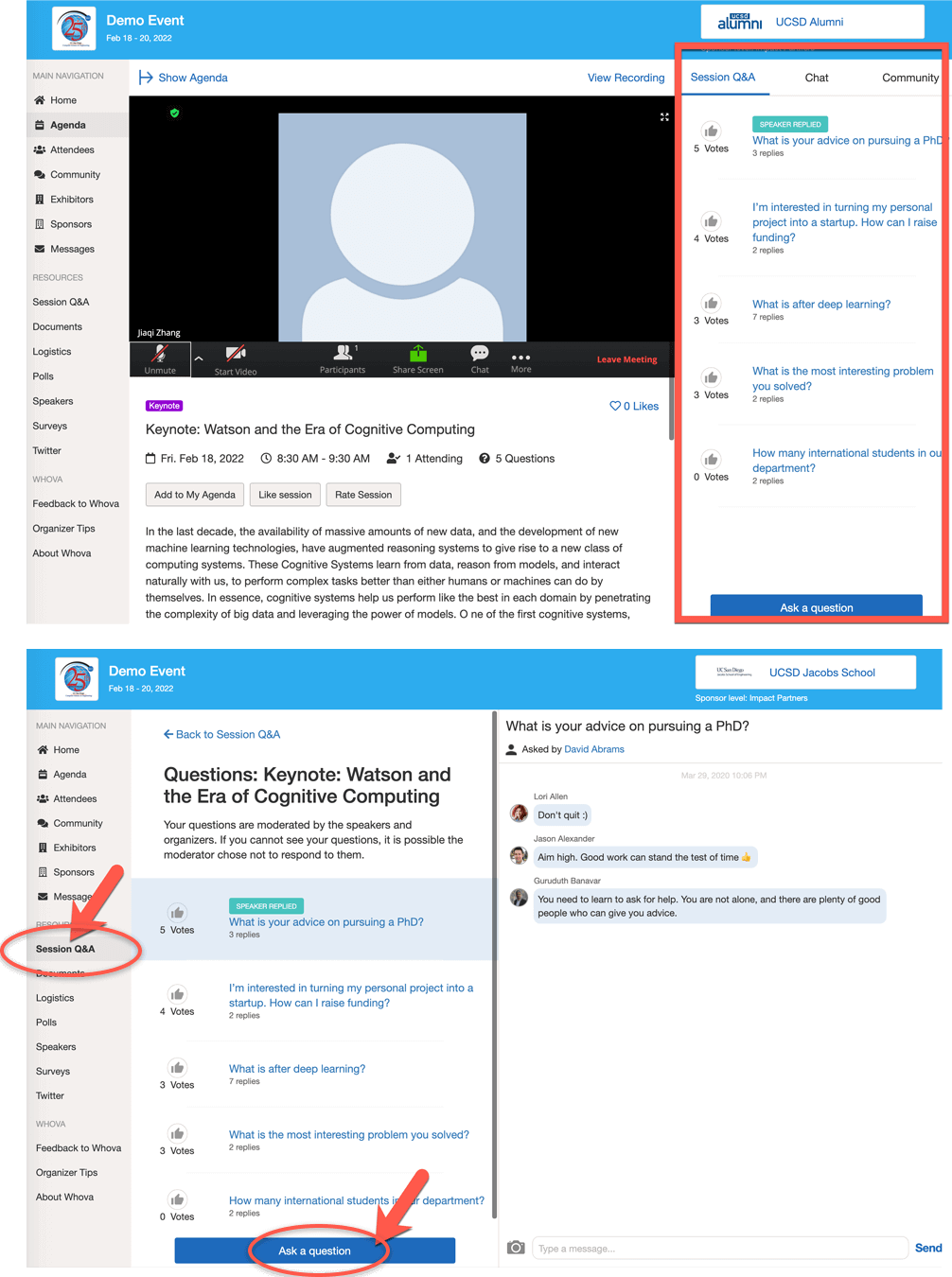 In webapp, find Q&A on the right side inside the sessions or under the Resources tab on the left sidebar