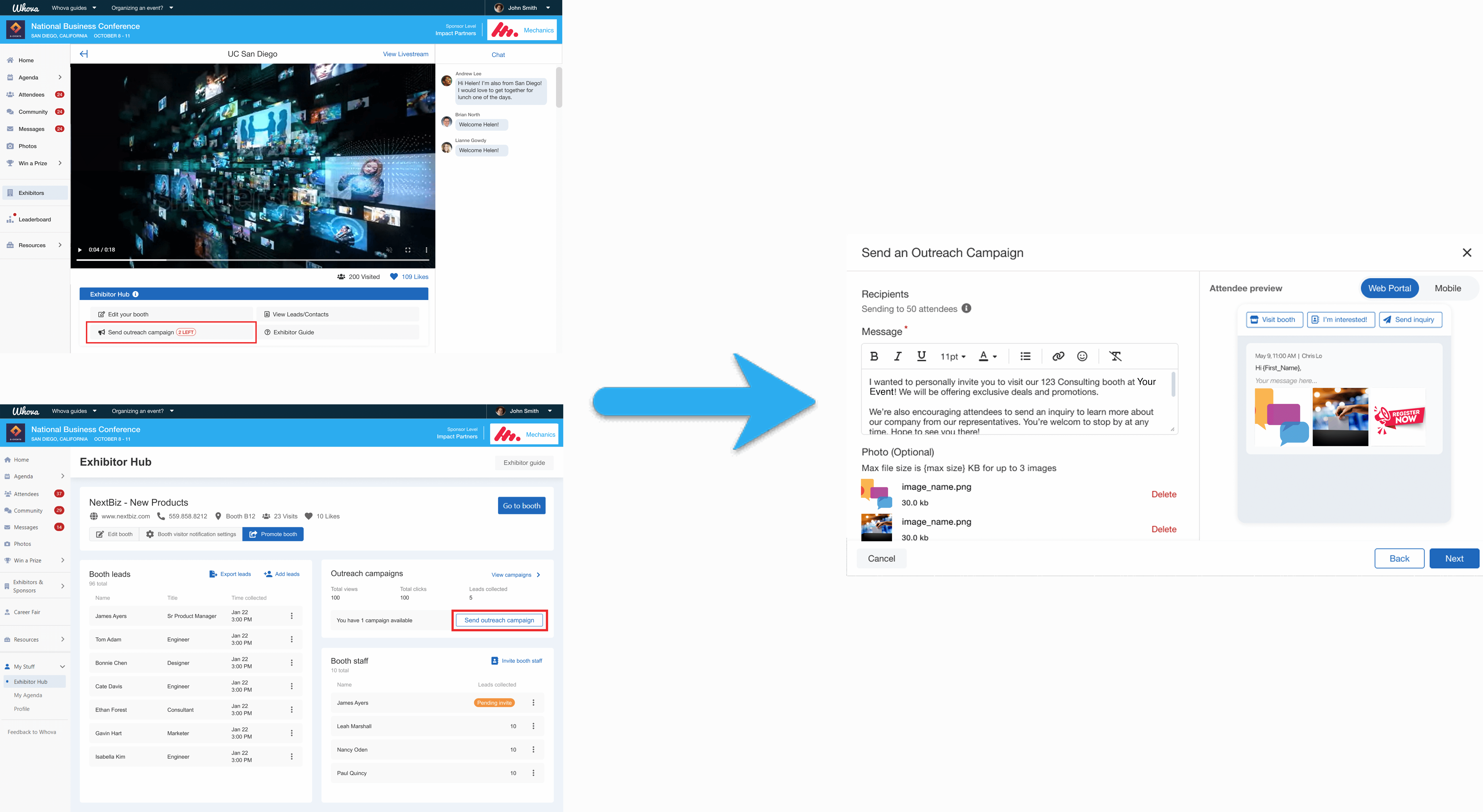 On webapp, go to the Exhibitor Hub tab and click Send Promotional campaigns to send new campaigns