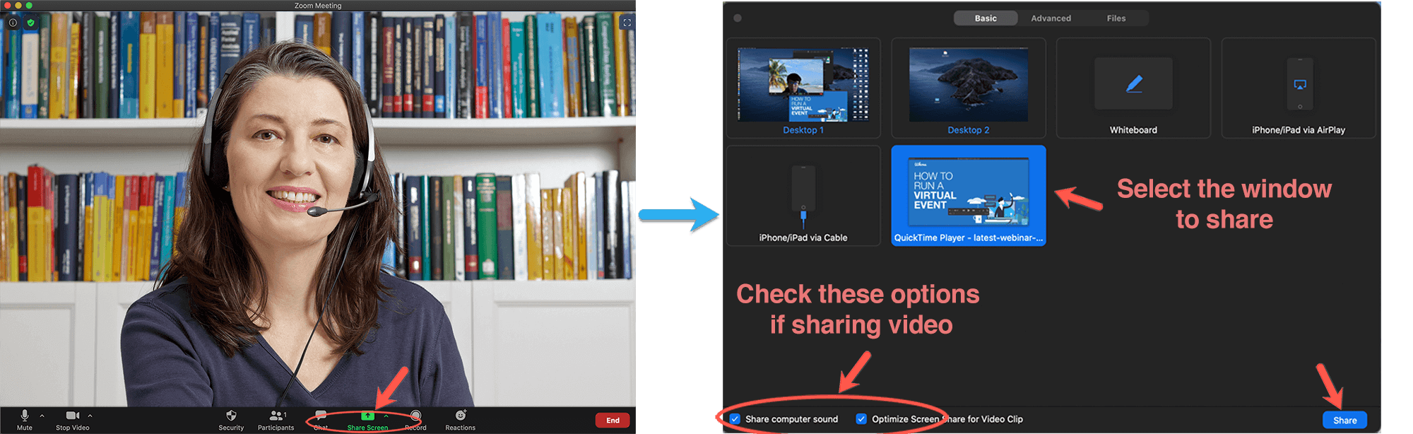 When sharing screen through Zoom, remember to check share computer sound and optimize screen share for video clip